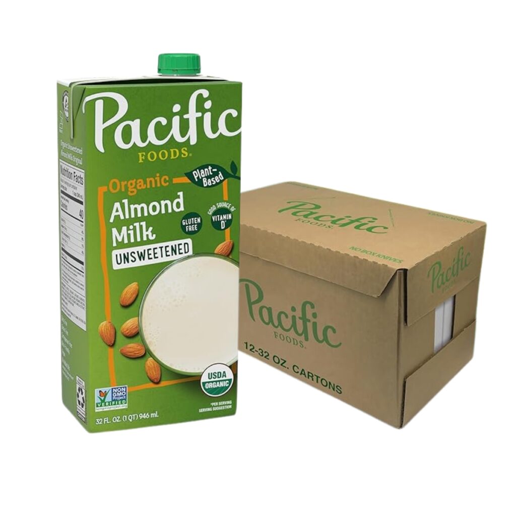 Envase de bebida de almendra original sin azúcar Pacific Foods 946 ml, alternativa vegetal sin lactosa, sin gluten y apta para veganos.