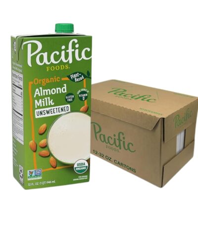 Envase de bebida de almendra original sin azúcar Pacific Foods 946 ml, alternativa vegetal sin lactosa, sin gluten y apta para veganos.