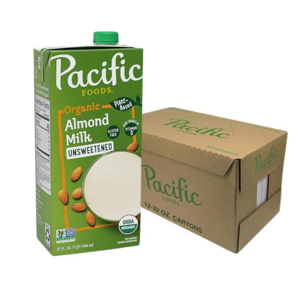 Envase de bebida de almendra original sin azúcar Pacific Foods 946 ml, alternativa vegetal sin lactosa, sin gluten y apta para veganos.